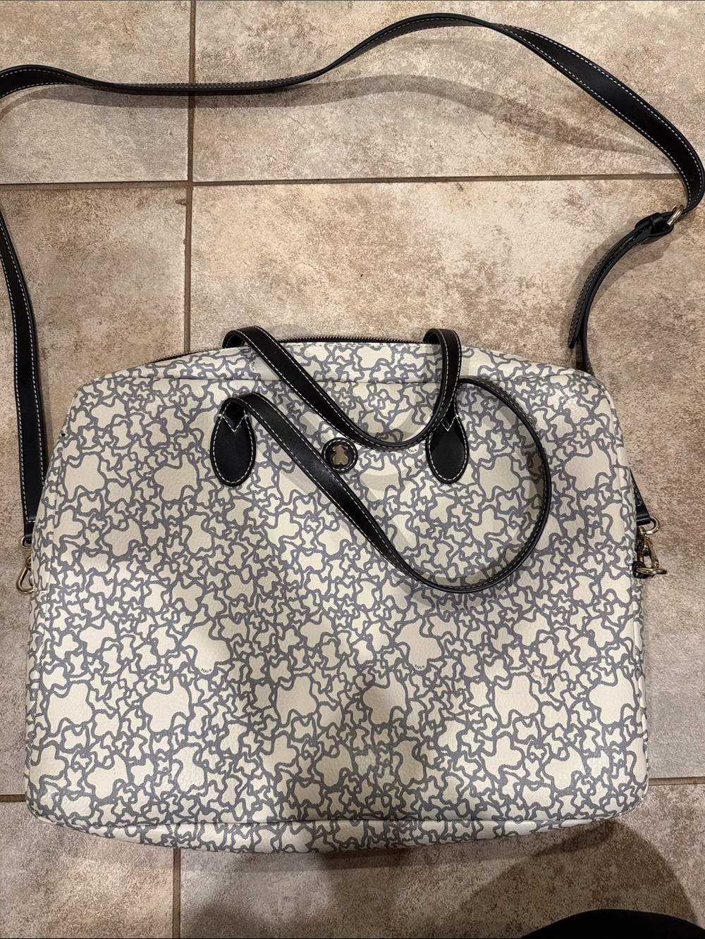 Tous Women's White and Gray Patterned Tote Bag with Black Trim